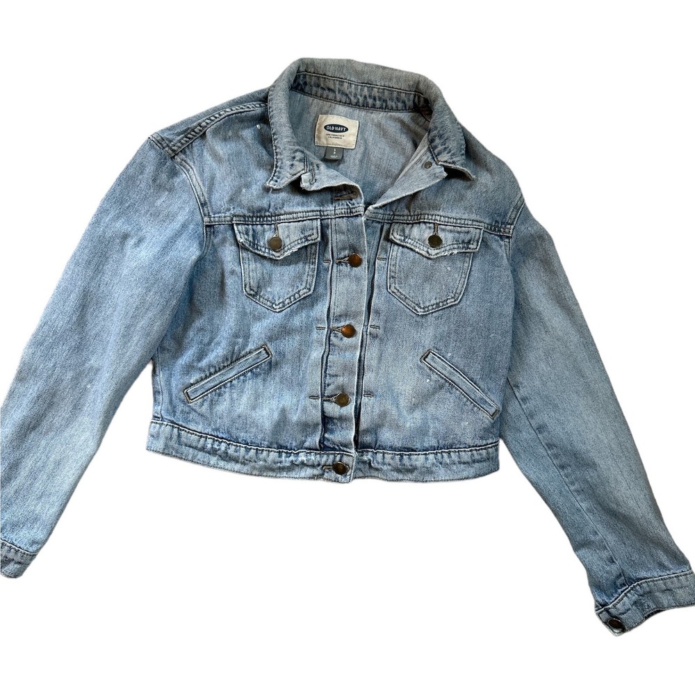 Old Navy Distressed Jean Denim Jacket White Paint Spattered Size SP Petite SM - Picture 8 of 8
